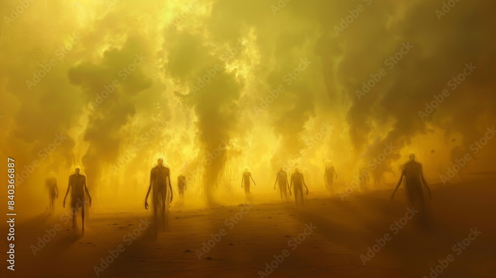 The dust storm revealed a mirage of spectral beings entwined in a neverending dance of despair in the vast emptiness of the desert The dust storm revealed a mirage of spectral beings entwined in a neverending dance of despair in the vast emptiness of the desert