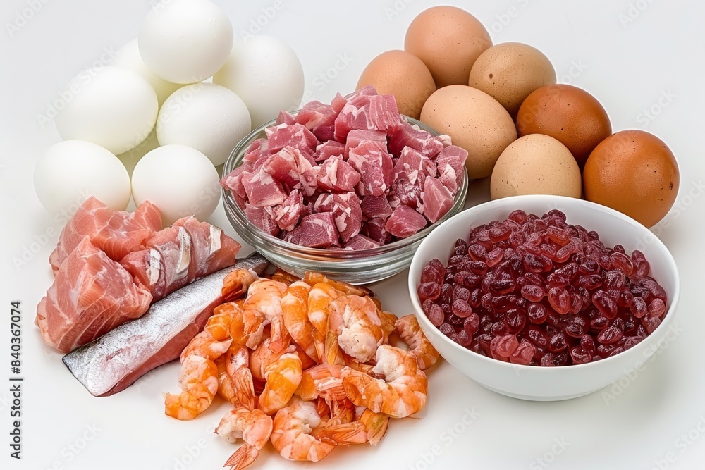 An assortment of fresh meats, eggs, and berries arranged to highlight their quality and freshness, ideal for showcasing wholesome and nutritious food options An assortment of fresh meats, eggs, and berries arranged to highlight their quality and freshness, ideal for showcasing wholesome and nutritious food options