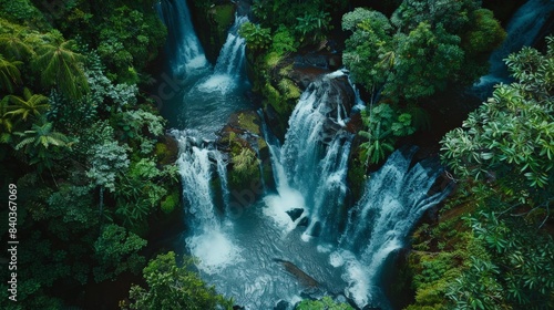 A drone shot of a series of small waterfalls in a tropical rainforest