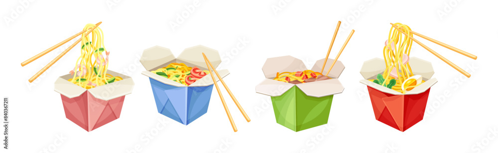 Asian Noodles in Carton Box with Chopstick Vector Set Asian Noodles in Carton Box with Chopstick Vector Set