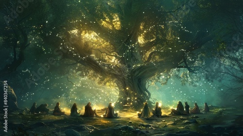 Beneath the canopy of a towering tree a group of ethereal beings sat in a circle their skin glowing with a soft otherworldly light