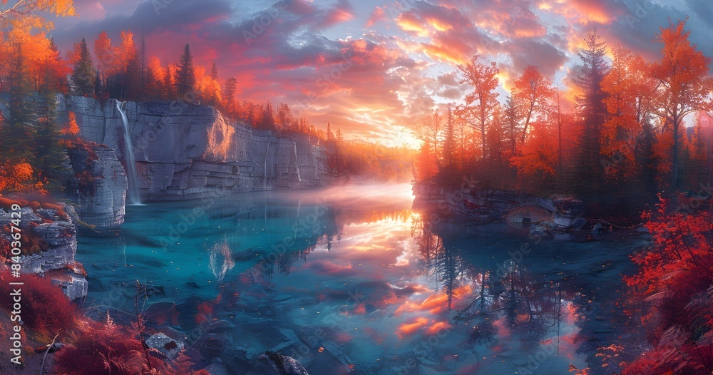 Fototapeta premium A nature ravine during sunset, the sky ablaze with colors, and the cliffs reflecting the hues