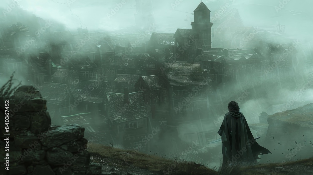 As the wind whistled through the empty buildings a shadowy apparition materialized seemingly made up of mist and fog haunting the desolate village As the wind whistled through the empty buildings a shadowy apparition materialized seemingly made up of mist and fog haunting the desolate village