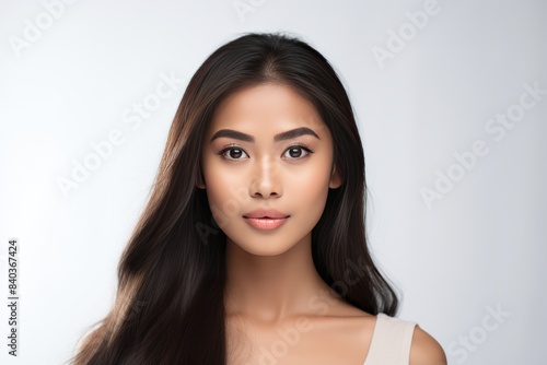 Beautiful Southeast Asian woman, oval face, big eyes, prominent nose, tan, honey skin,