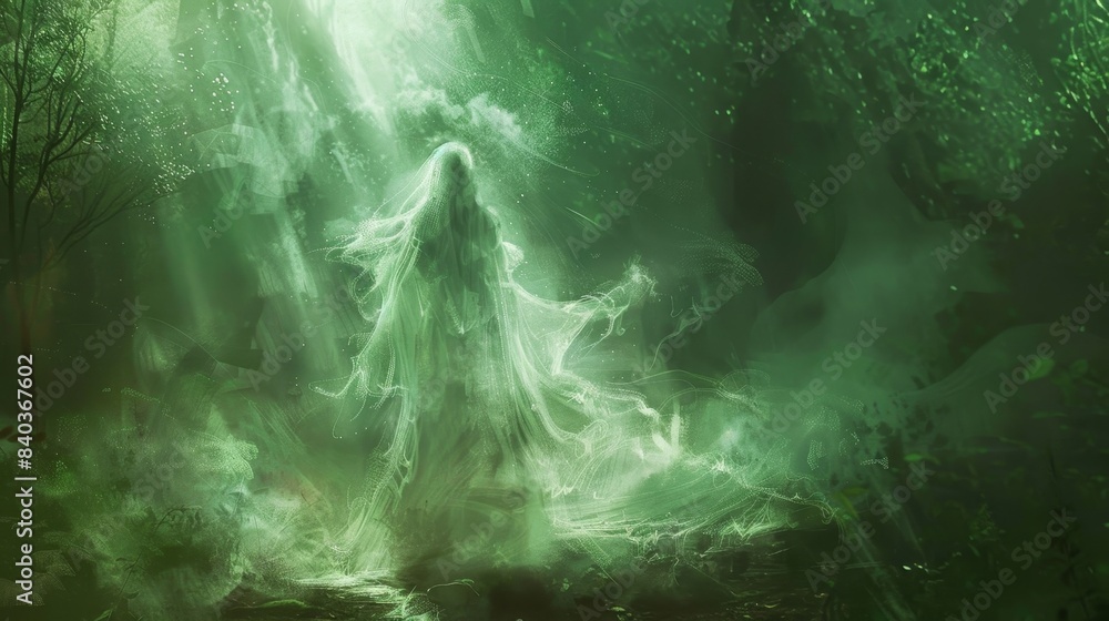 A translucent figure bathed in a faint green light rises from the forest floor its wispy form resembling a mystical creature come to life in the clearing A translucent figure bathed in a faint green light rises from the forest floor its wispy form resembling a mystical creature come to life in the clearing