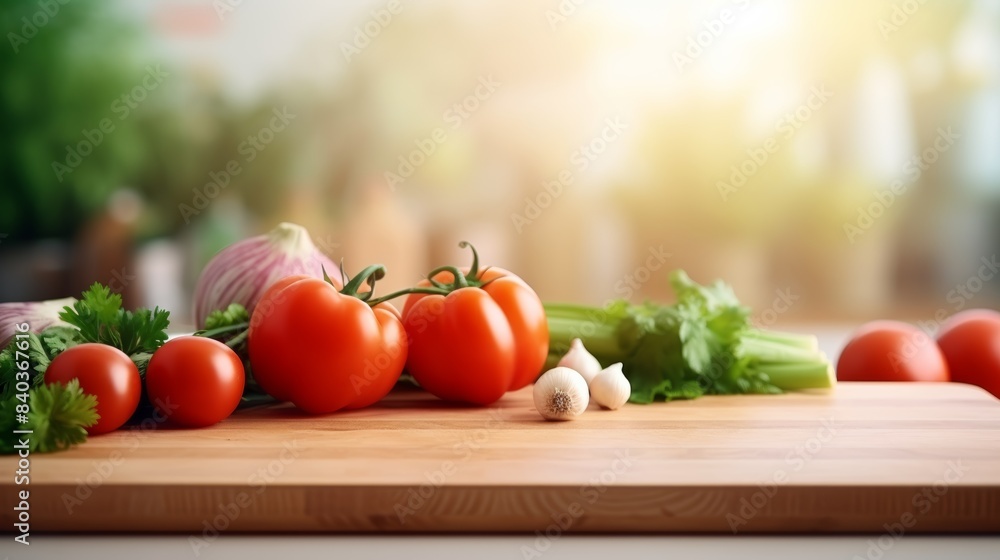 Cutting board with vegetables on a wooden table, blurry kitchen background. Cutting board with vegetables on a wooden table, blurry kitchen background.