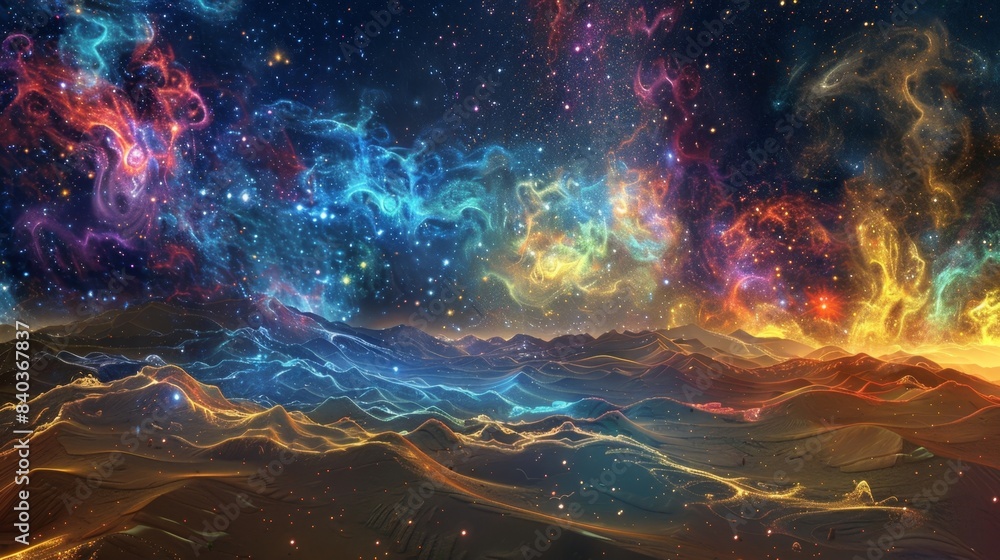 As the stars glimmer above the desert spirits gather in a celestial meeting their energy pulsing and crackling igniting the darkness with a dazzling spectrum of colors As the stars glimmer above the desert spirits gather in a celestial meeting their energy pulsing and crackling igniting the darkness with a dazzling spectrum of colors