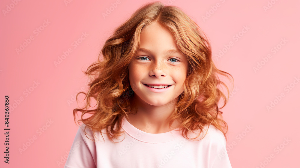 Portrait of a beautiful, happy smiling boy with red long hair and perfect skin, pink background, banner.