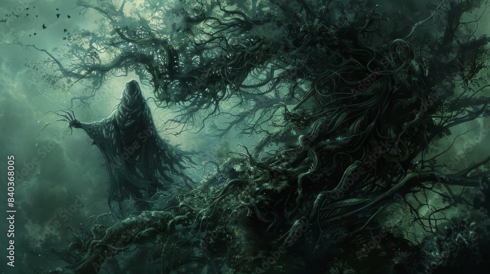 Obraz premium Vines seem to twist and curl around the spectral figure as if trying to ensnare it within the overgrown foliage that it calls home