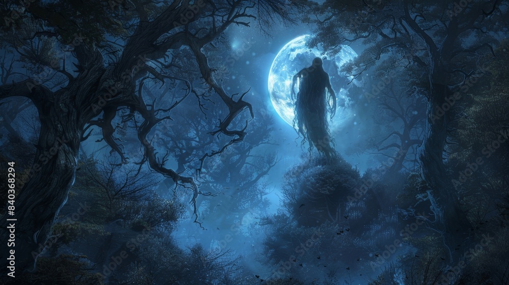Obraz premium As the full moon rose above the canopy a spectral figure emerged from the depths of the forgotten glade their ghastly form casting an eerie glow on the surrounding trees