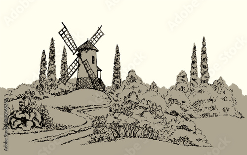 Vector drawing. The outline of the summer landscape with mill