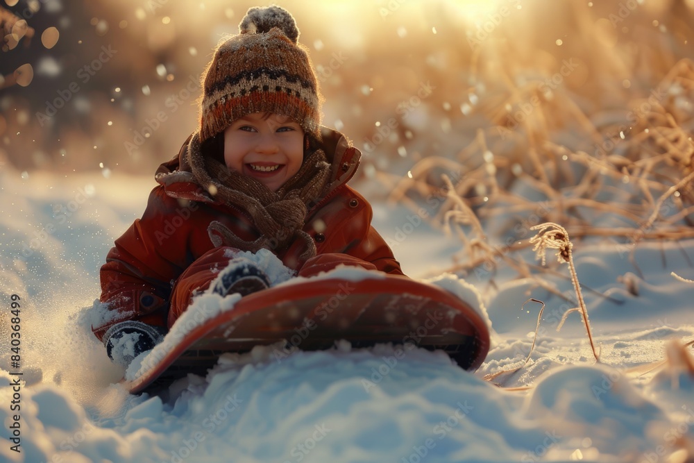 A young child laying in the snow on a snowboard, a fun winter scene A young child laying in the snow on a snowboard, a fun winter scene