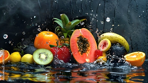 black background, banner, vegetables and  tropical fruits in the water, splashes of water, an atmosphere of freshness