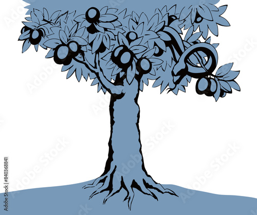 Serpent on the tree. Knowledge of good and evil. Vector drawing