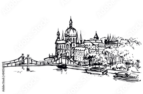 Hungarian Parliament Building. Vectos drawing scene