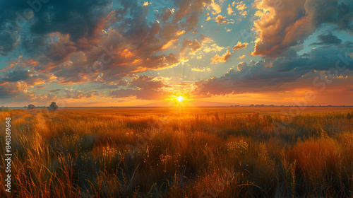 A nature savannah meadow during sunset, the sky ablaze with colors, and the grasses casting long shadows photo