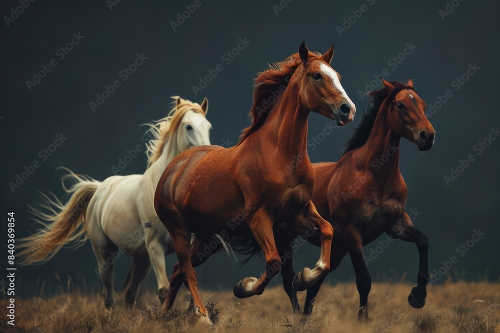 Obraz premium Group of horses running freely across a green field
