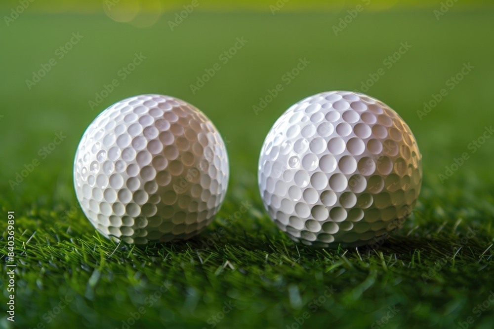 Two golf balls resting on a well-manicured grass, perfect for a golf-themed photo shoot or ad campaign Two golf balls resting on a well-manicured grass, perfect for a golf-themed photo shoot or ad campaign