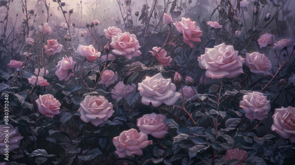 Amidst the tangled thorns and ly vines a field of ghostly roses blooms ...