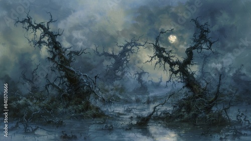 The miasma of ghostly fog hung low over the swamp cloaking the twisted trees and tangled vines in an otherworldly haze