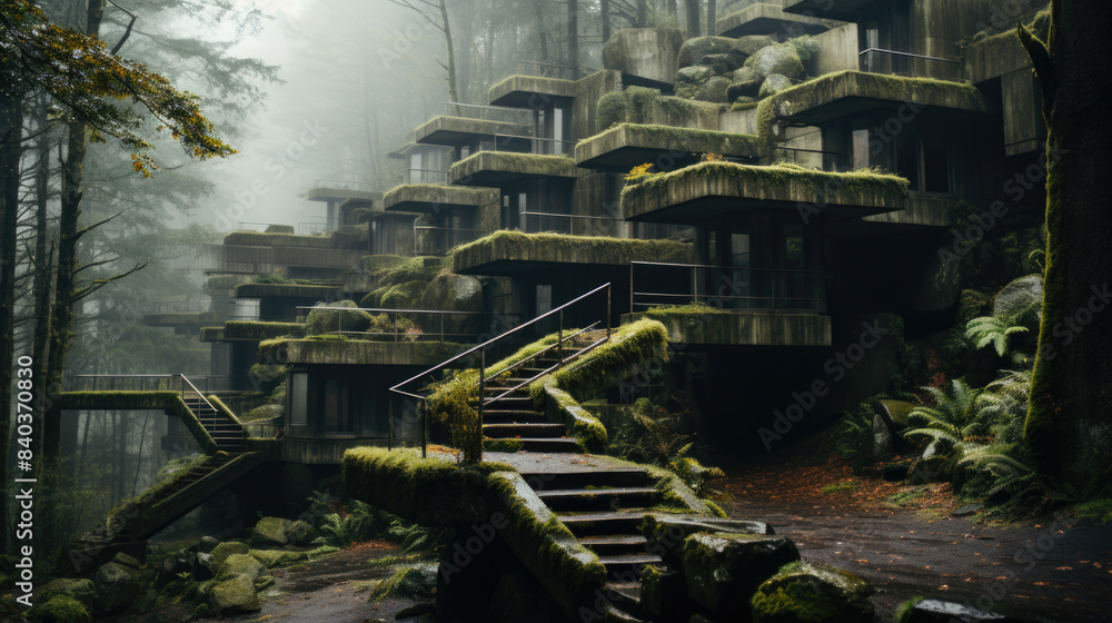An old abandoned reinforced concrete building in the jungle with dirty walls covered in moss stains and overgrown with weeds. An old abandoned reinforced concrete building in the jungle with dirty walls covered in moss stains and overgrown with weeds.