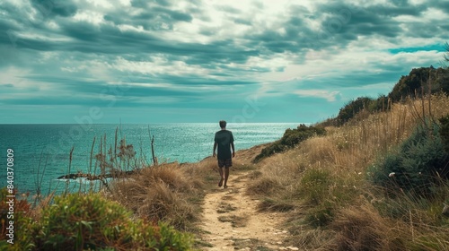 A person is walking along a coastal path with the ocean in the background