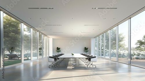 contemporary conference room with large windows and blank wall for customization 3d interior rendering