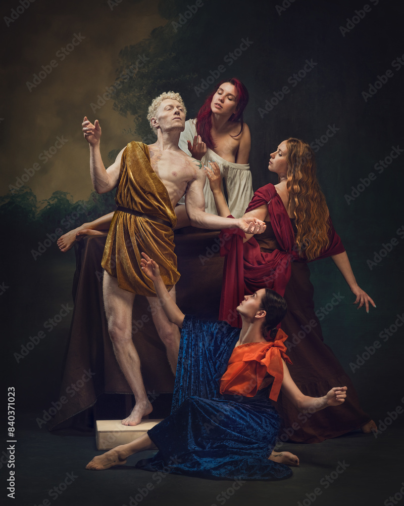 Fototapeta premium Man grandiose pose embodies self-admiration, while surrounding women, in fabrics, lavish him with attention and indulgence, symbolizing sensual gratification. Narcissism, psychology concept.