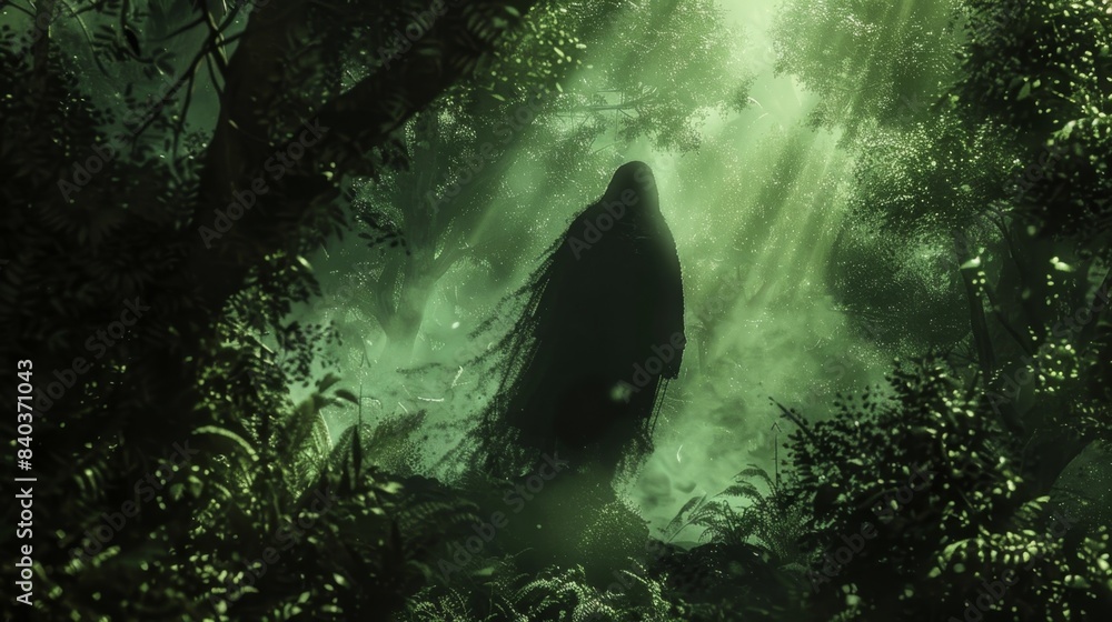 In the heart of the dark forest a spectral figure can be seen its shadowy form blending seamlessly with the surrounding trees and foliage In the heart of the dark forest a spectral figure can be seen its shadowy form blending seamlessly with the surrounding trees and foliage