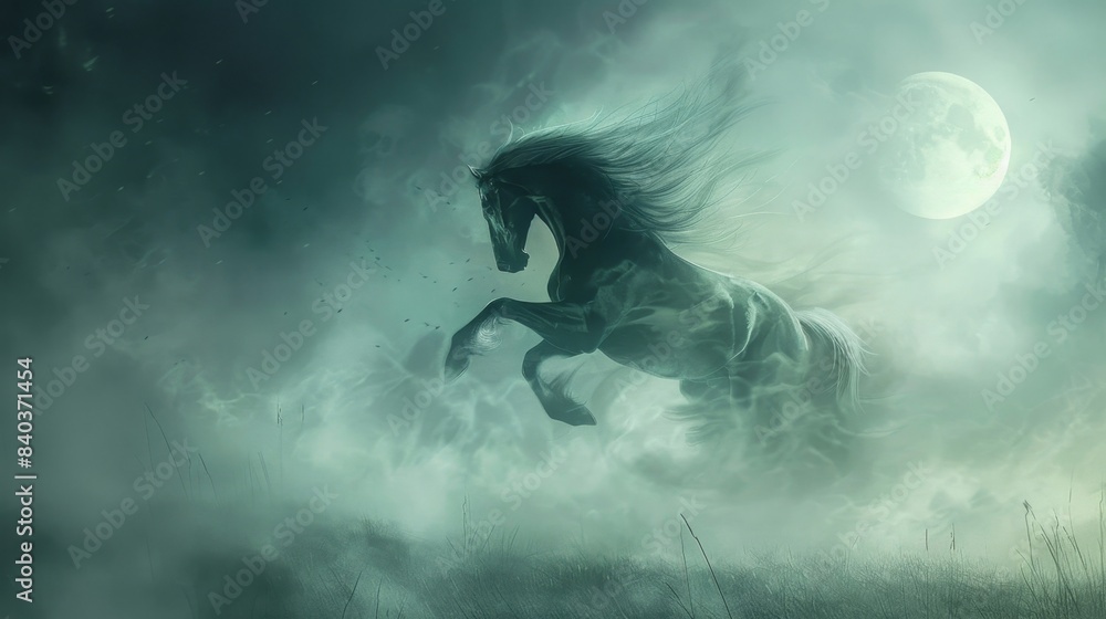 As the moon rose above the misty field the phantom horse reared up on its hind legs its translucent mane billowing in the ethereal breeze As the moon rose above the misty field the phantom horse reared up on its hind legs its translucent mane billowing in the ethereal breeze