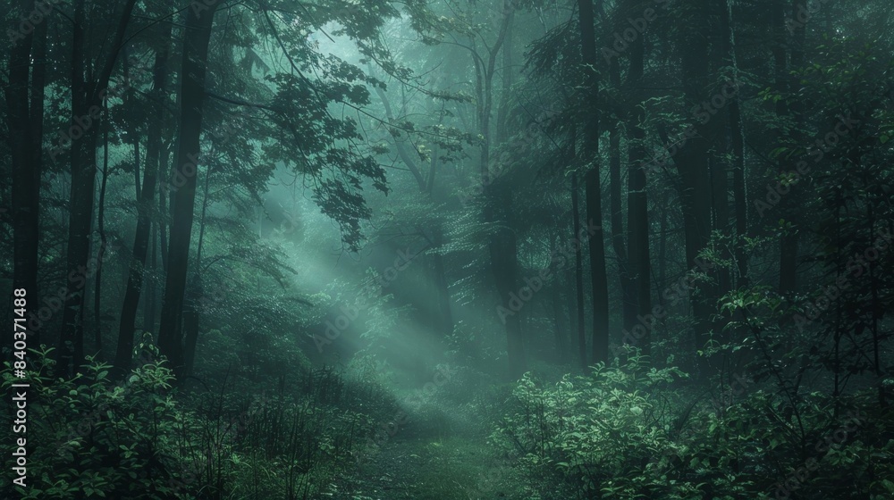 Naklejka premium From the depths of the forest a soft pulsing light can be seen drawing closer and closer with each passing moment