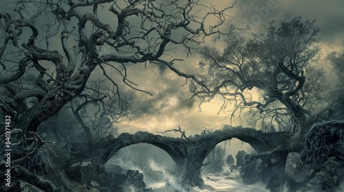 The twisted gnarled trees surrounding the bridge are said to be cursed their gnarled branches reaching out like bony fingers to grab anyone who dares to cross