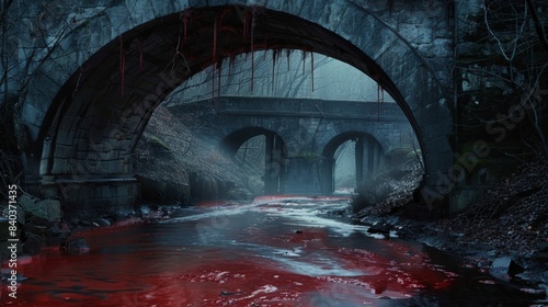 The river runs red under the bridge a chilling reminder of the sacrifices that were made to appease the vengeful spirits that haunt its structure photo