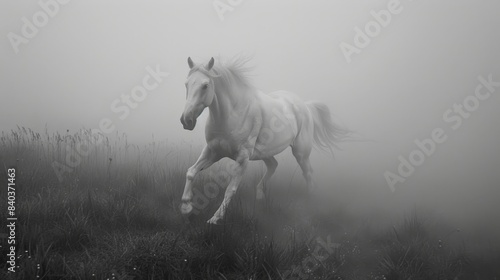 The ghostly horse appeared out of nowhere seeming to defy the laws of physics as it effortlessly traversed the foggy terrain
