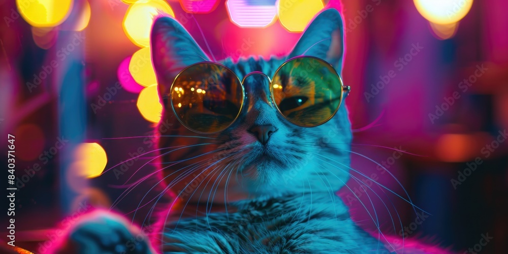 A cat is wearing sunglasses and sitting on a chair A cat is wearing sunglasses and sitting on a chair