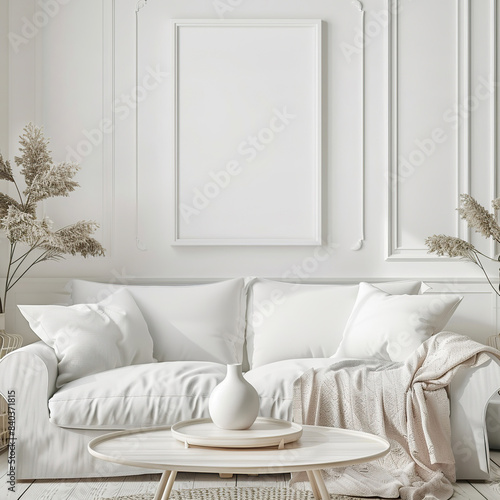 Mockup of a poster frame set against a minimalist, modern living room interior, featuring Scandinavian design elements.