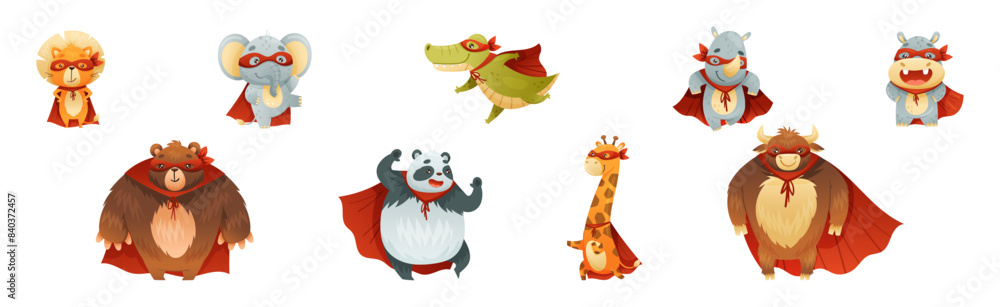 Naklejka premium Animal Character Superhero Dressed in Mask and Red Cape or Cloak Vector Set