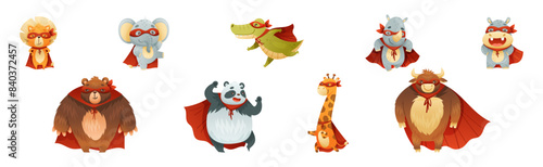 Animal Character Superhero Dressed in Mask and Red Cape or Cloak Vector Set