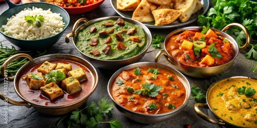 Assorted Indian curry dishes including butter chicken, tikka masala, and saag paneer, Indian, curry, food photo