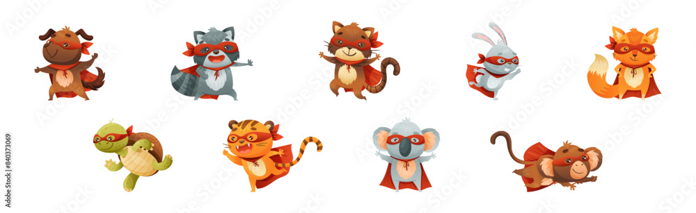Animal Character Superhero Dressed in Mask and Red Cape or Cloak Vector Set Animal Character Superhero Dressed in Mask and Red Cape or Cloak Vector Set