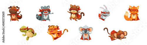 Animal Character Superhero Dressed in Mask and Red Cape or Cloak Vector Set