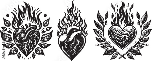 Human heart vector set, Hot Heart Fire logo silhouette isolated on a white background