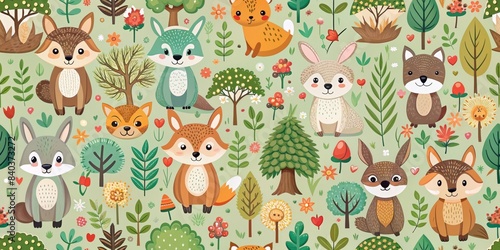 Seamless pattern featuring cute woodland animals in a forest setting  woodland  animals  forest  seamless  pattern  nature  trees