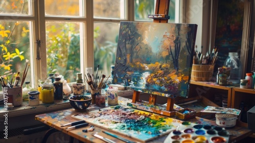 Cozy Art Studio with Nature Painting on Easel  Surrounded by Paints and Brushes