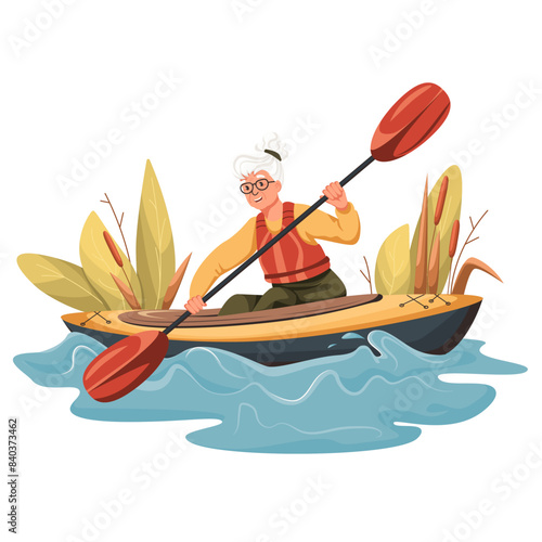 An elderly woman with gray hair rides a kayak, isolated on a white background. Flat modern fashionable style. Elderly active lifestyle concept.