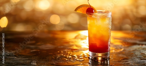 Tequila Sunrise Cocktail. Fresh Cocktail Tequila Sunrise free space for text food photography close up. Tequila Sunrise Cocktail in restaurant postcard banner.