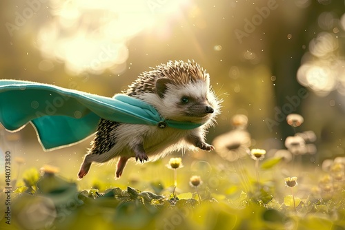 A charming hedgehog, donning a turquoise superhero cloak and mask, leaps and glides against a sunny meadow background.