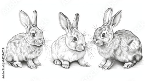 A picture of three rabbits sitting next to each other, possibly friends or companions