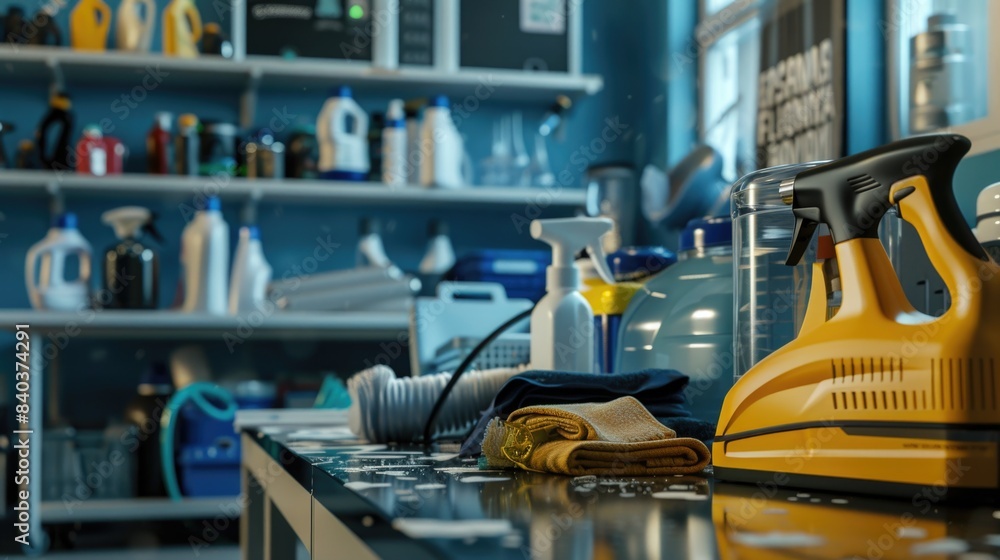 A yellow spray bottle sits on top of a countertop, ready for use A yellow spray bottle sits on top of a countertop, ready for use