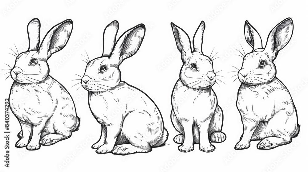 Three rabbits are sitting next to each other on a grassy surface Three rabbits are sitting next to each other on a grassy surface